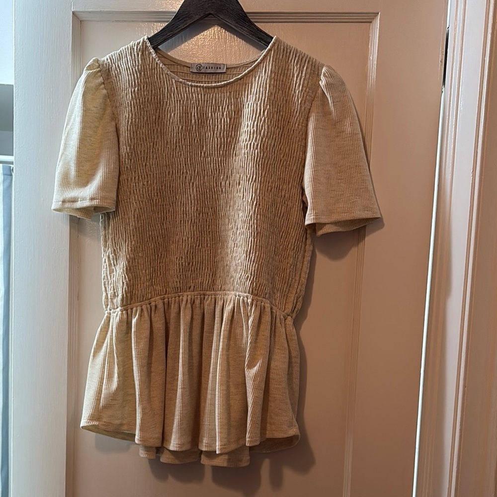 Cream Peplum Blouse with Puff Sleeves